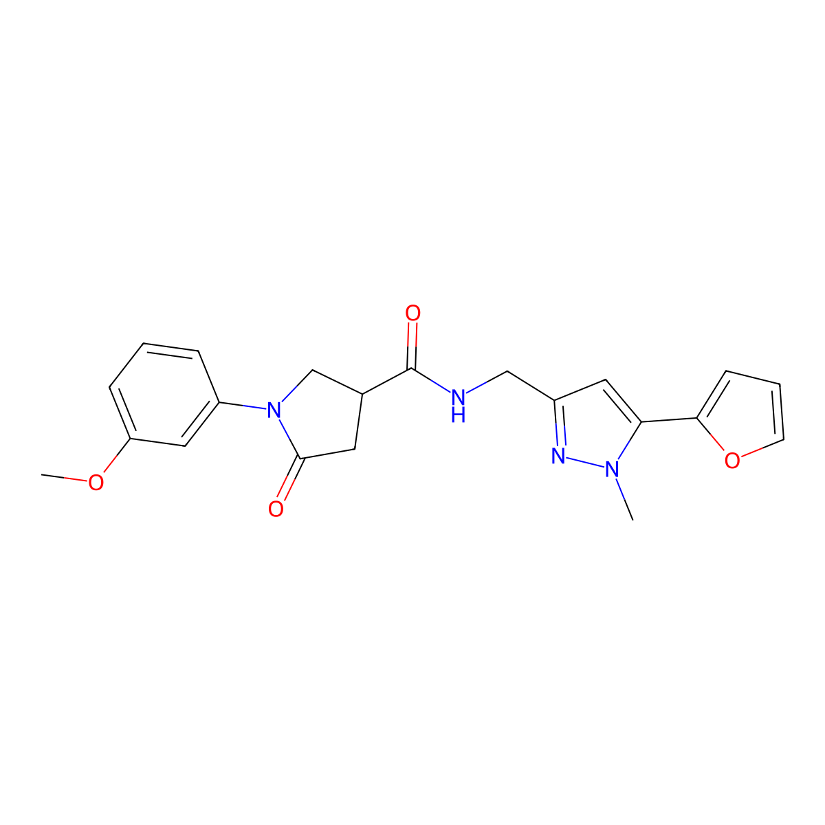 N-((5-(furan-2-yl)-1-methyl-1H-pyrazol-3-yl)methyl)-1-(3-methoxyphenyl)-5-oxopyrrolidine-3-carboxamide molecular structure, CAS 1421473-74-6