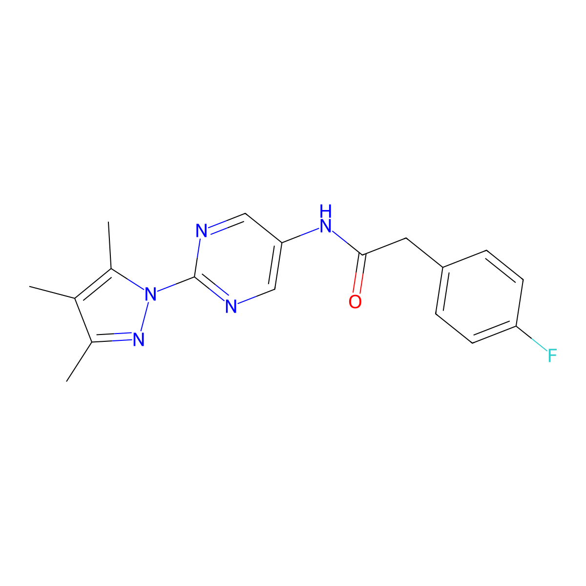 2-(4-fluorophenyl)-N-[2-(3,4,5-trimethyl-1H-pyrazol-1-yl)pyrimidin-5-yl]acetamide molecular structure, CAS 1421473-76-8