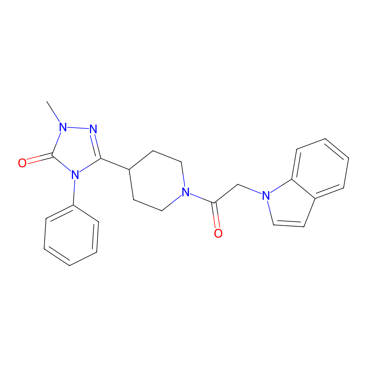 3-(1-(2-(1H-indol-1-yl)acetyl)piperidin-4-yl)-1-methyl-4-phenyl-1H-1,2,4-triazol-5(4H)-one molecular structure, CAS 1421473-82-6