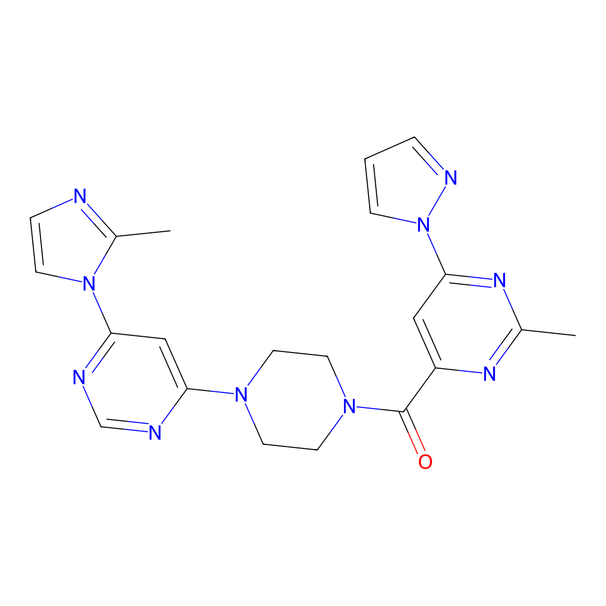 (4-(6-(2-methyl-1H-imidazol-1-yl)pyrimidin-4-yl)piperazin-1-yl)(2-methyl-6-(1H-pyrazol-1-yl)pyrimidin-4-yl)methanone molecular structure, CAS 1421473-85-9