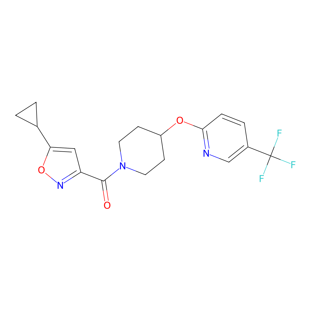 (5-Cyclopropylisoxazol-3-yl)(4-((5-(trifluoromethyl)pyridin-2-yl)oxy)piperidin-1-yl)methanone molecular structure, CAS 1421473-88-2