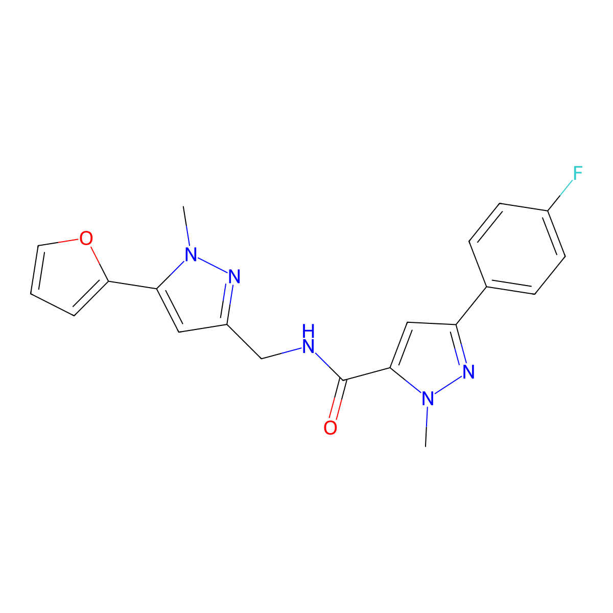 3-(4-fluorophenyl)-N-{[5-(furan-2-yl)-1-methyl-1H-pyrazol-3-yl]methyl}-1-methyl-1H-pyrazole-5-carboxamide molecular structure, CAS 1421474-01-2