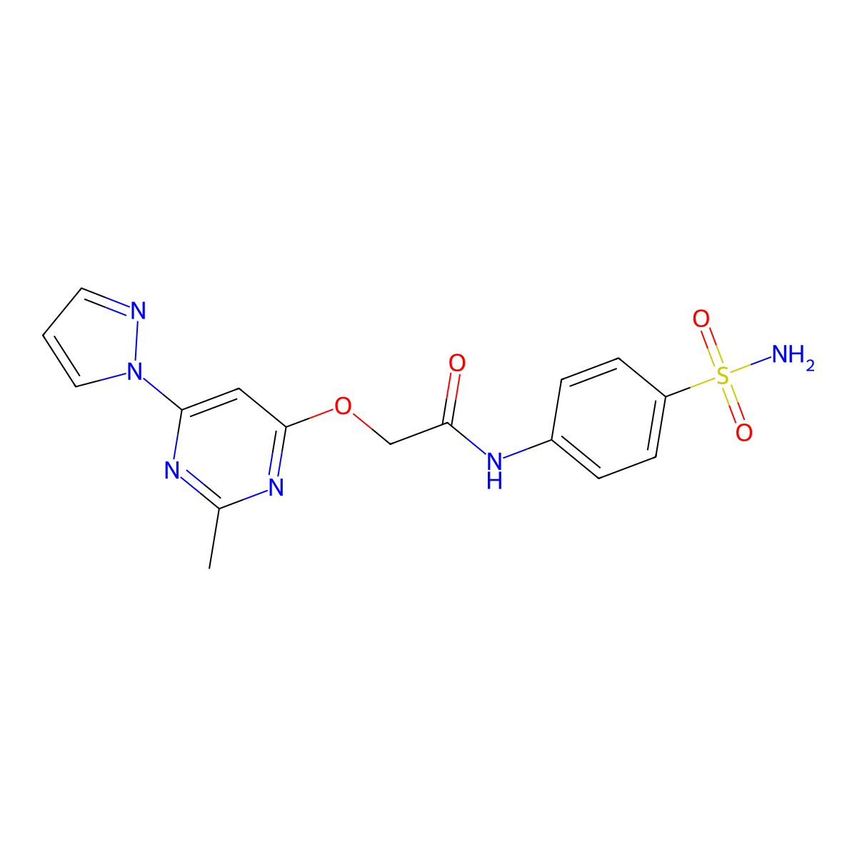 2-((2-methyl-6-(1H-pyrazol-1-yl)pyrimidin-4-yl)oxy)-N-(4-sulfamoylphenyl)acetamide molecular structure, CAS 1421474-07-8