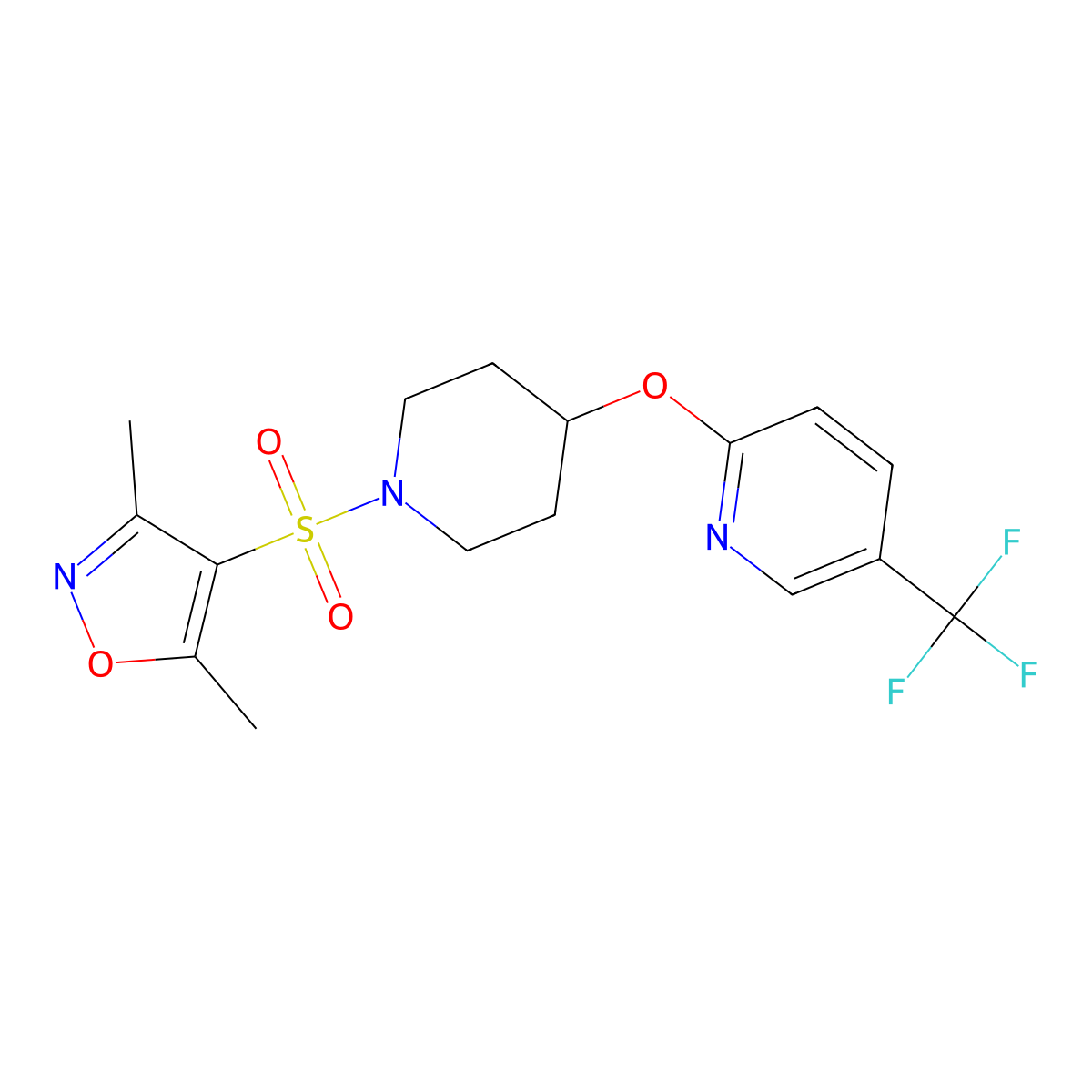 3,5-Dimethyl-4-((4-((5-(trifluoromethyl)pyridin-2-yl)oxy)piperidin-1-yl)sulfonyl)isoxazole molecular structure, CAS 1421474-10-3