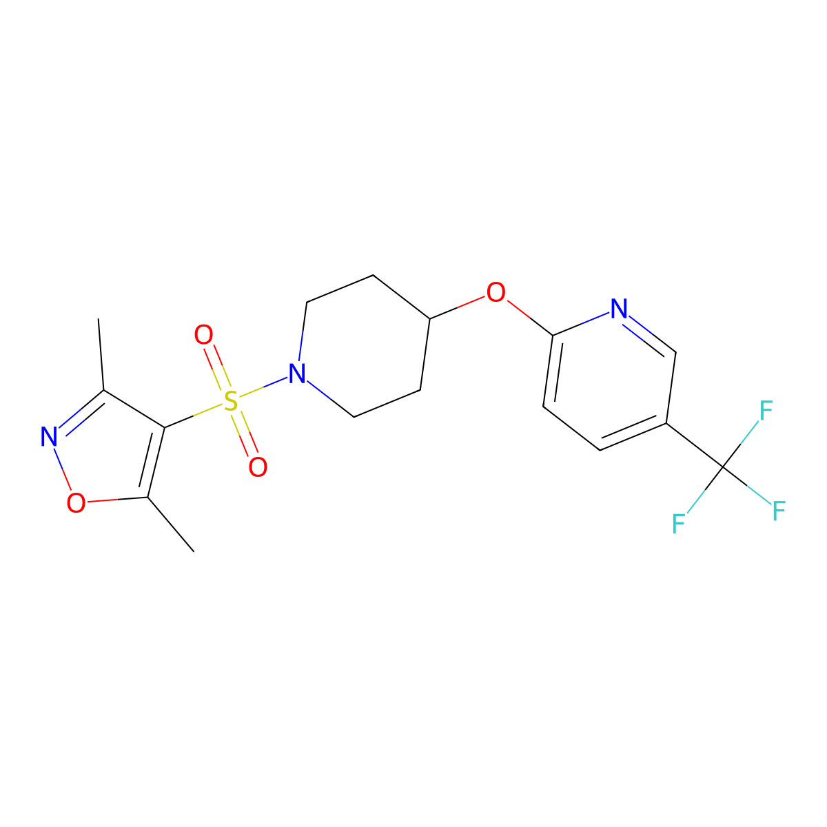 3,5-Dimethyl-4-((4-((5-(trifluoromethyl)pyridin-2-yl)oxy)piperidin-1-yl)sulfonyl)isoxazole molecular structure, CAS 1421474-10-3