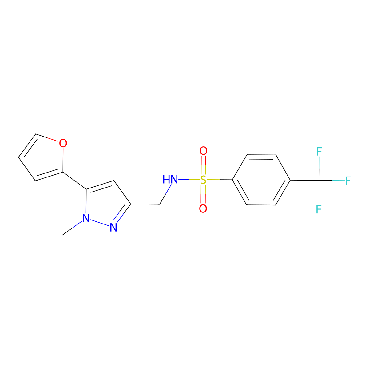 N-((5-(furan-2-yl)-1-methyl-1H-pyrazol-3-yl)methyl)-4-(trifluoromethyl)benzenesulfonamide molecular structure, CAS 1421474-14-7
