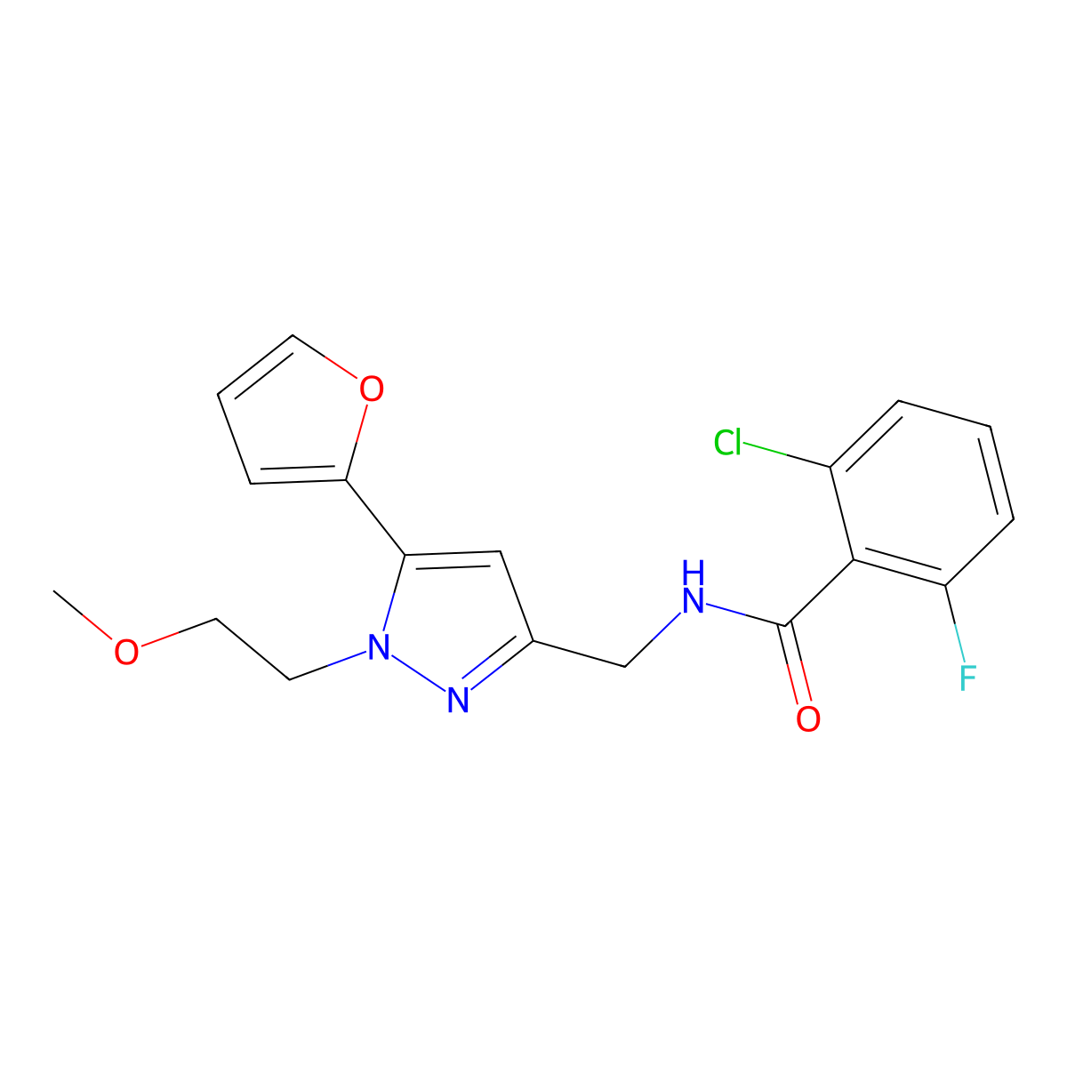 2-chloro-6-fluoro-N-{[5-(furan-2-yl)-1-(2-methoxyethyl)-1H-pyrazol-3-yl]methyl}benzamide molecular structure, CAS 1421474-26-1