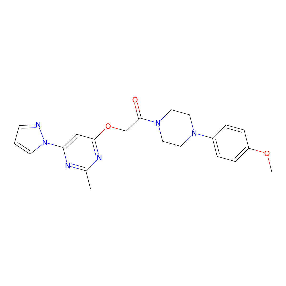 1-(4-(4-methoxyphenyl)piperazin-1-yl)-2-((2-methyl-6-(1H-pyrazol-1-yl)pyrimidin-4-yl)oxy)ethanone molecular structure, CAS 1421474-33-0