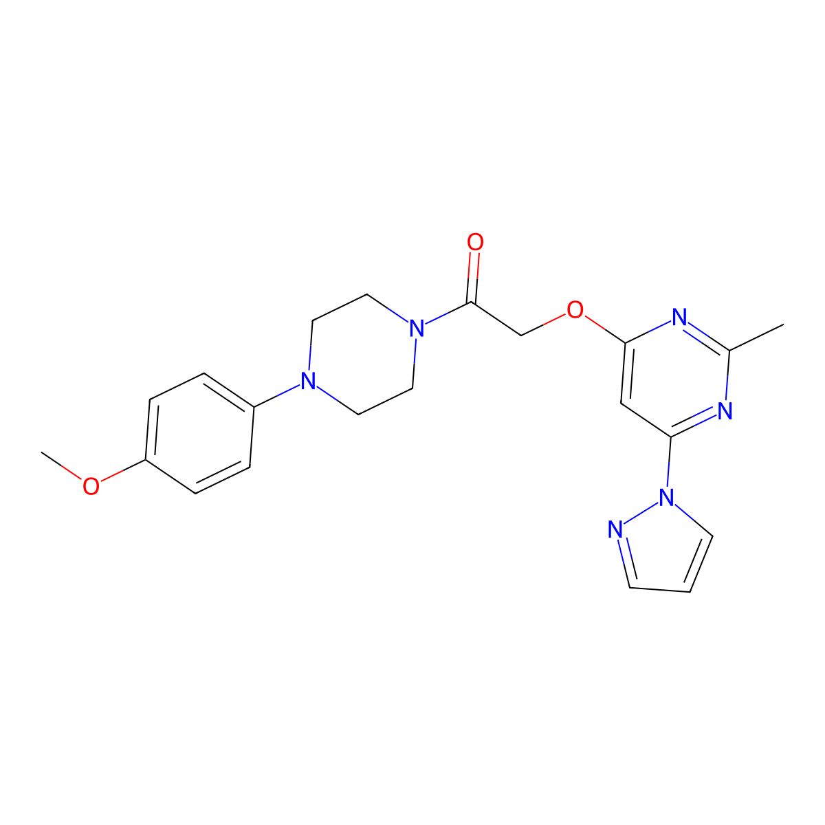 1-(4-(4-methoxyphenyl)piperazin-1-yl)-2-((2-methyl-6-(1H-pyrazol-1-yl)pyrimidin-4-yl)oxy)ethanone molecular structure, CAS 1421474-33-0