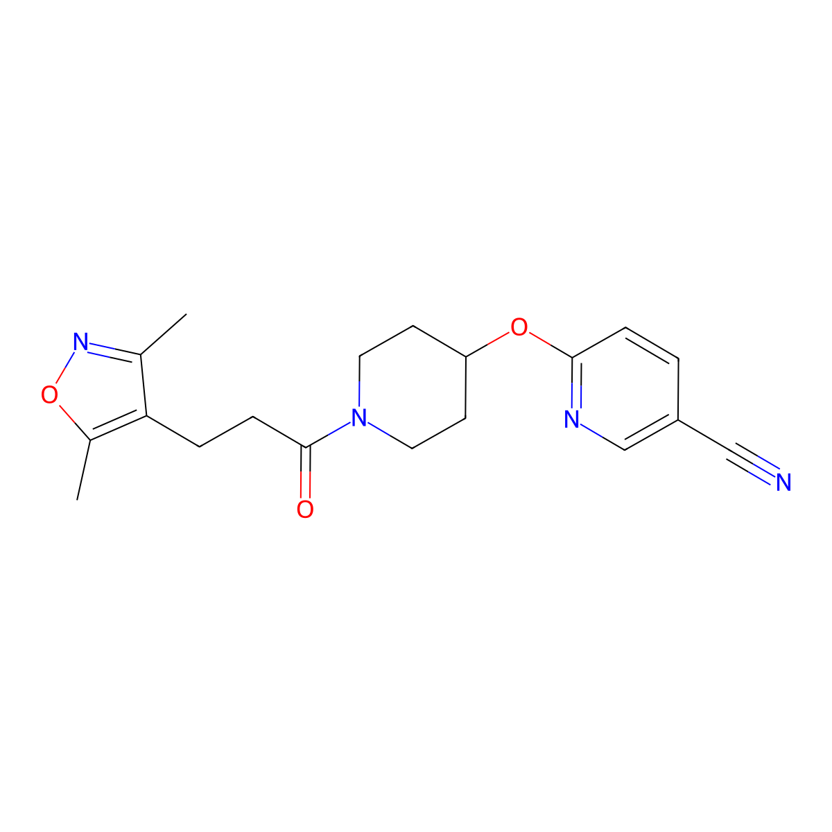 6-((1-(3-(3,5-Dimethylisoxazol-4-yl)propanoyl)piperidin-4-yl)oxy)nicotinonitrile molecular structure, CAS 1421474-35-2