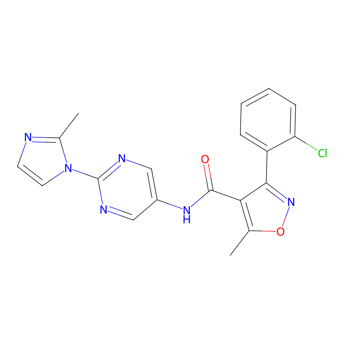 3-(2-chlorophenyl)-5-methyl-N-(2-(2-methyl-1H-imidazol-1-yl)pyrimidin-5-yl)isoxazole-4-carboxamide molecular structure, CAS 1421474-61-4