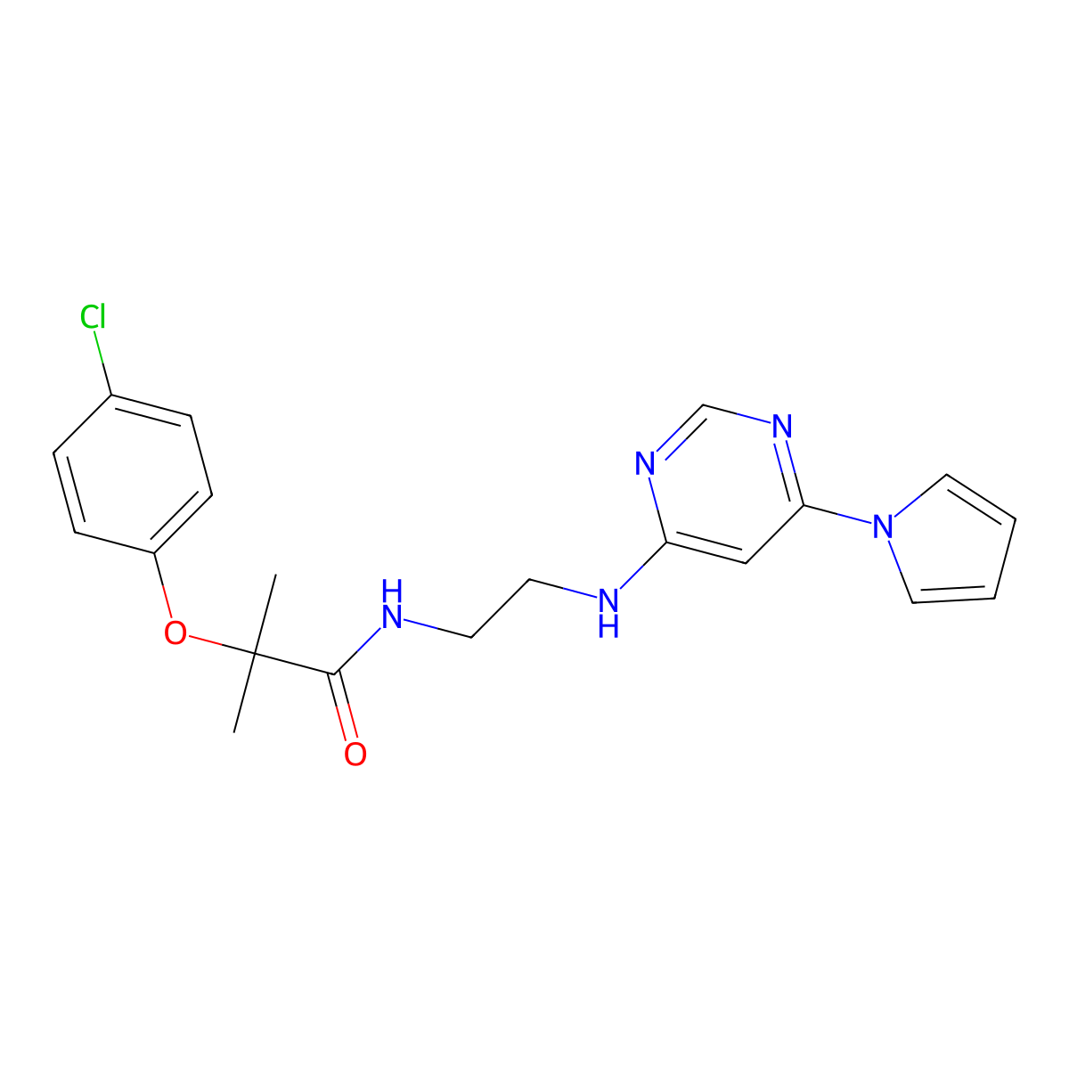 N-(2-((6-(1H-pyrrol-1-yl)pyrimidin-4-yl)amino)ethyl)-2-(4-chlorophenoxy)-2-methylpropanamide molecular structure, CAS 1421474-80-7