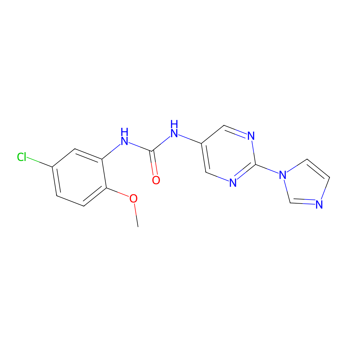1-(2-(1H-imidazol-1-yl)pyrimidin-5-yl)-3-(5-chloro-2-methoxyphenyl)urea molecular structure, CAS 1421474-86-3