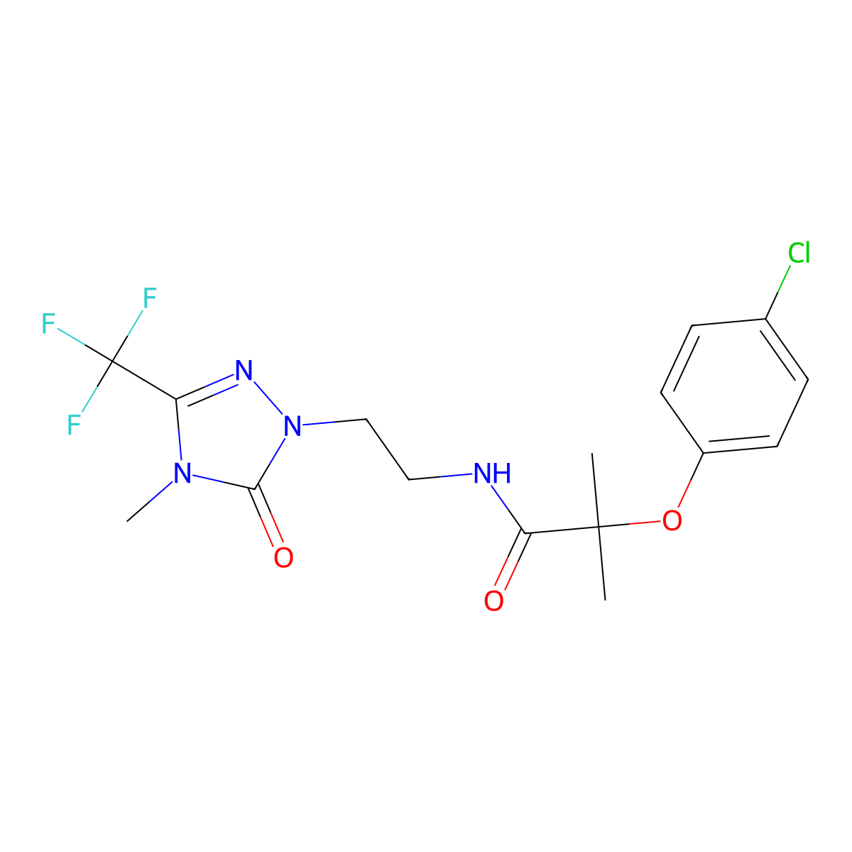 2-(4-chlorophenoxy)-2-methyl-N-{2-[4-methyl-5-oxo-3-(trifluoromethyl)-4,5-dihydro-1H-1,2,4-triazol-1-yl]ethyl}propanamide molecular structure, CAS 1421475-08-2