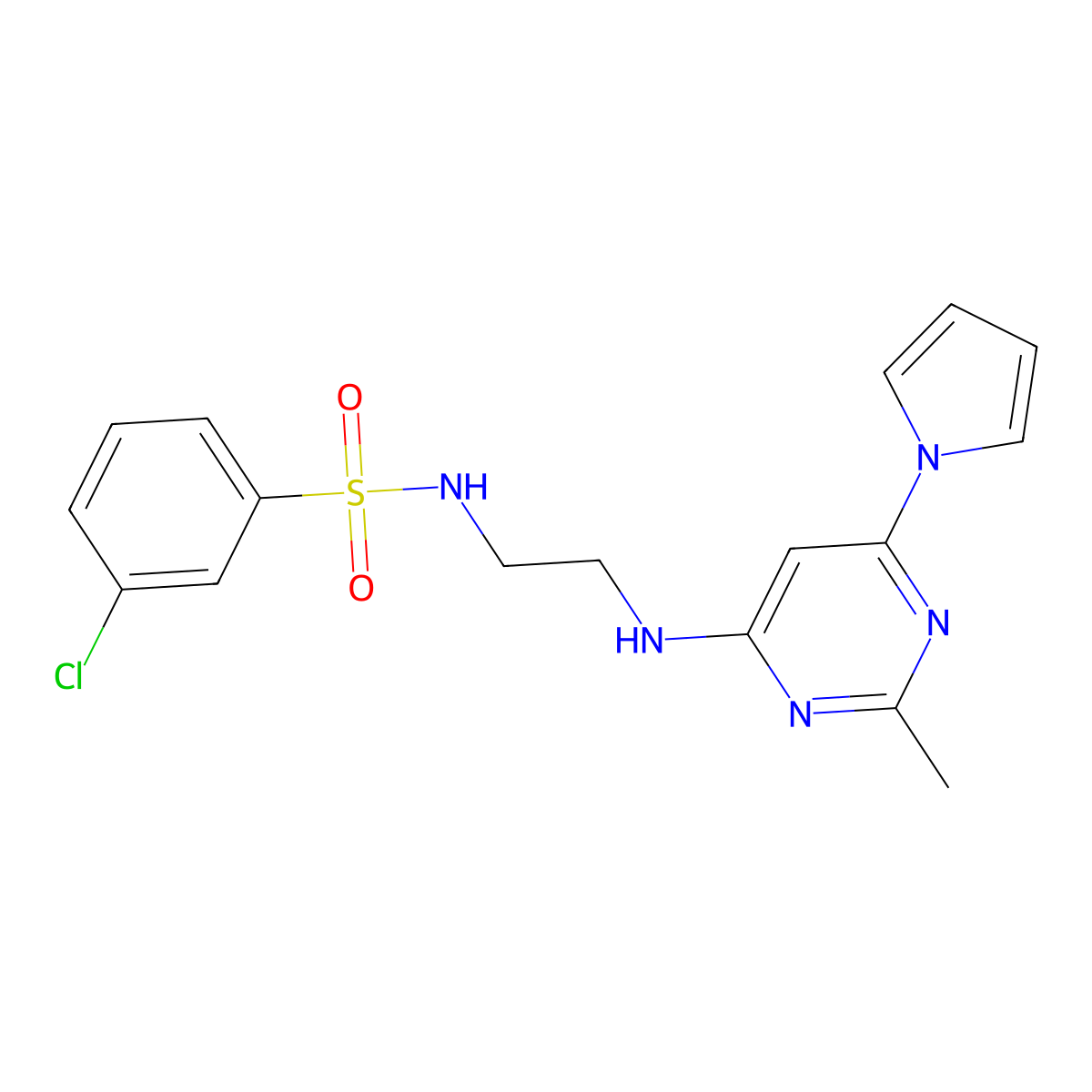 3-chloro-N-(2-((2-methyl-6-(1H-pyrrol-1-yl)pyrimidin-4-yl)amino)ethyl)benzenesulfonamide molecular structure, CAS 1421475-11-7
