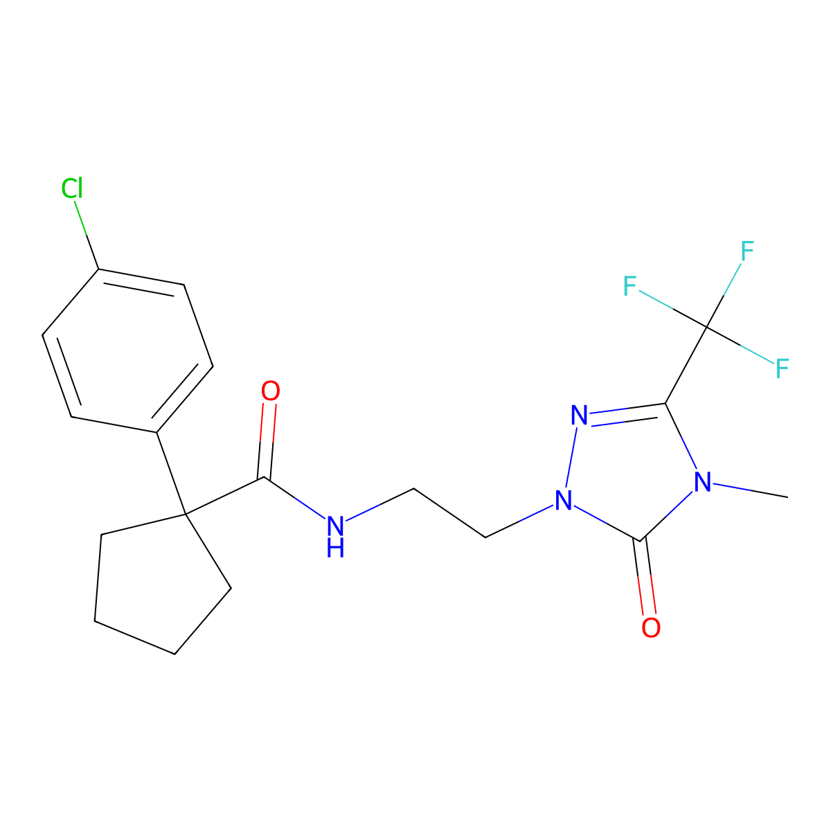 1-(4-chlorophenyl)-N-(2-(4-methyl-5-oxo-3-(trifluoromethyl)-4,5-dihydro-1H-1,2,4-triazol-1-yl)ethyl)cyclopentanecarboxamide molecular structure, CAS 1421475-18-4
