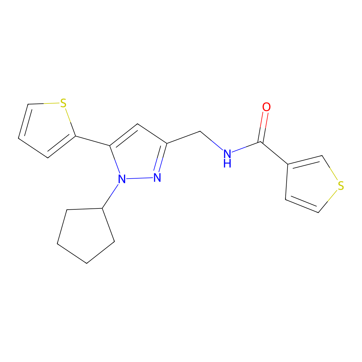 N-((1-cyclopentyl-5-(thiophen-2-yl)-1H-pyrazol-3-yl)methyl)thiophene-3-carboxamide molecular structure, CAS 1421475-19-5
