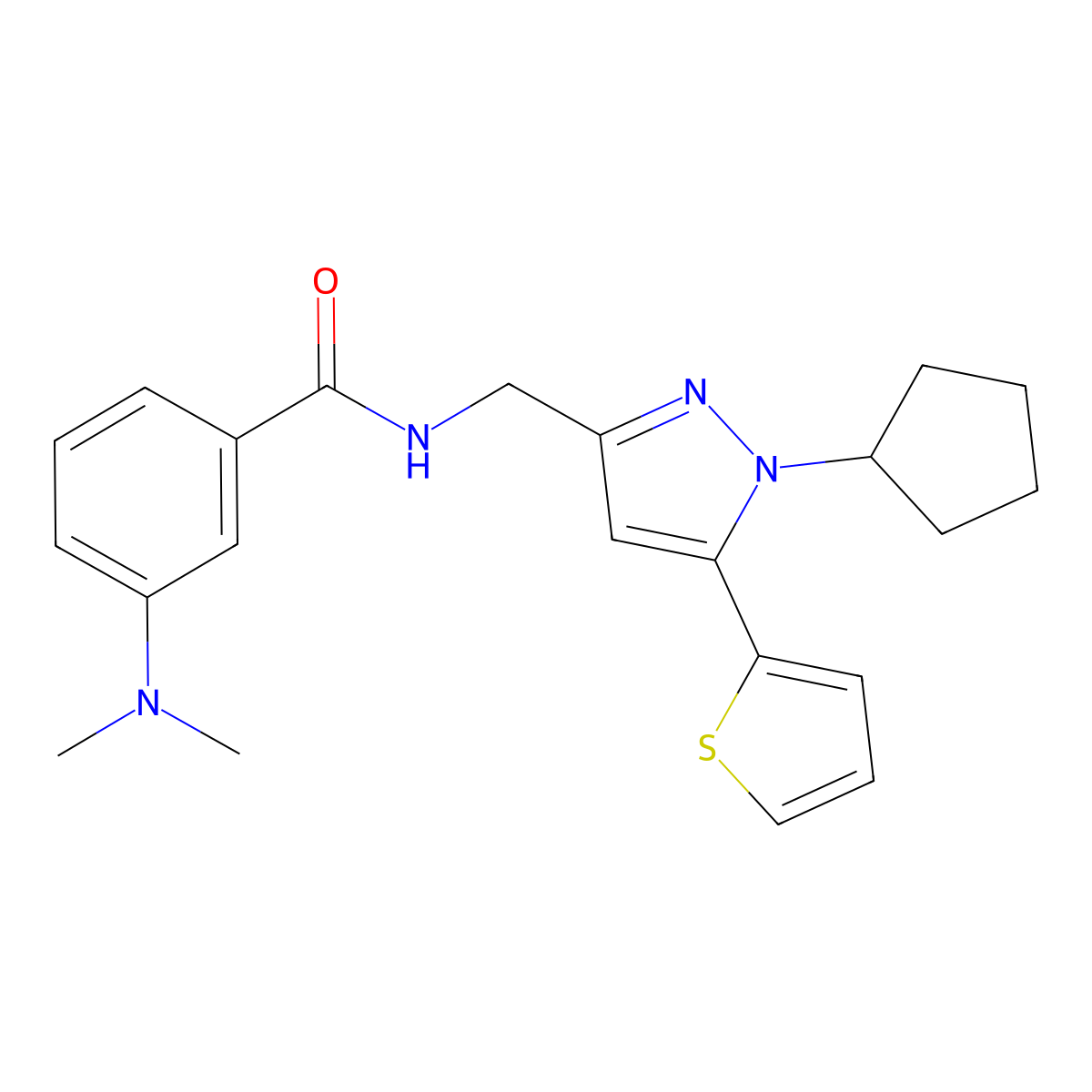 N-{[1-cyclopentyl-5-(thiophen-2-yl)-1H-pyrazol-3-yl]methyl}-3-(dimethylamino)benzamide molecular structure, CAS 1421475-33-3