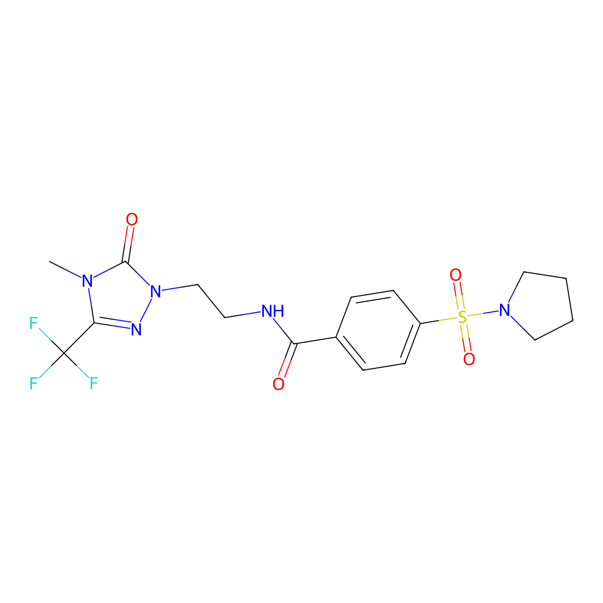 N-(2-(4-methyl-5-oxo-3-(trifluoromethyl)-4,5-dihydro-1H-1,2,4-triazol-1-yl)ethyl)-4-(pyrrolidin-1-ylsulfonyl)benzamide molecular structure, CAS 1421475-34-4