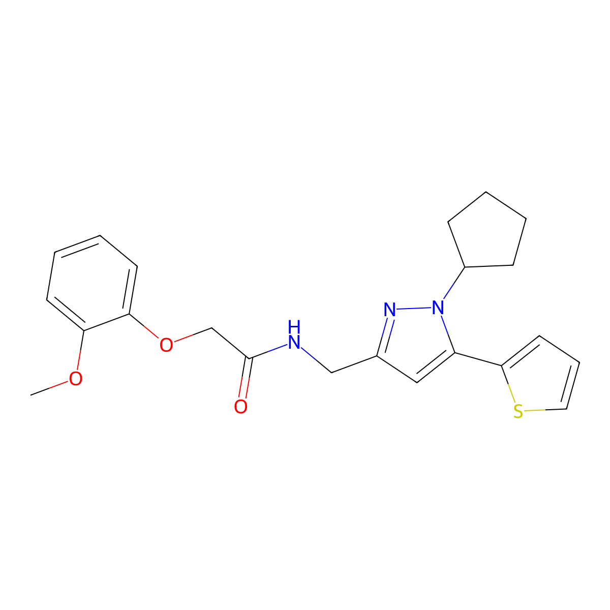 N-((1-cyclopentyl-5-(thiophen-2-yl)-1H-pyrazol-3-yl)methyl)-2-(2-methoxyphenoxy)acetamide molecular structure, CAS 1421475-43-5