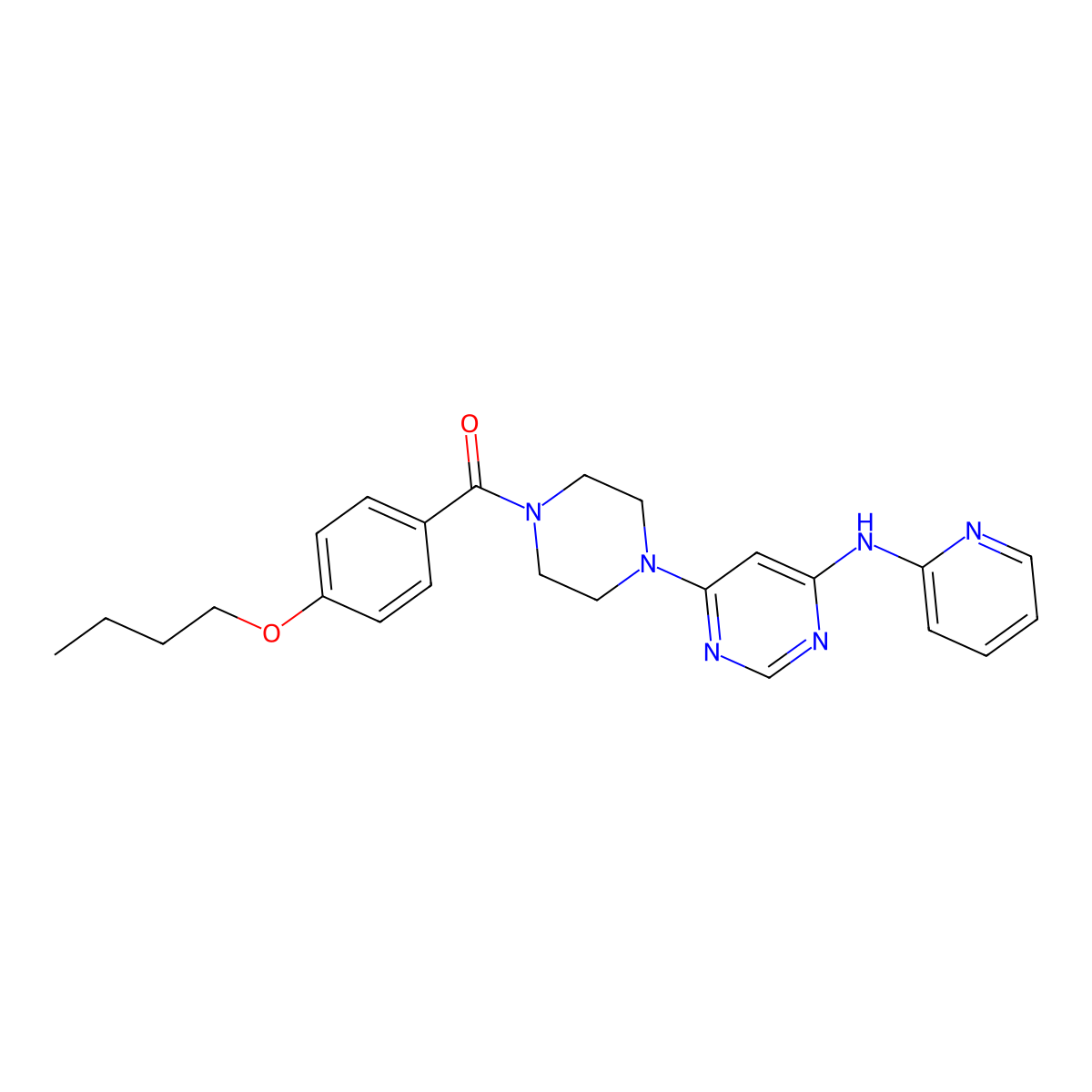 (4-Butoxyphenyl)(4-(6-(pyridin-2-ylamino)pyrimidin-4-yl)piperazin-1-yl)methanone molecular structure, CAS 1421475-44-6