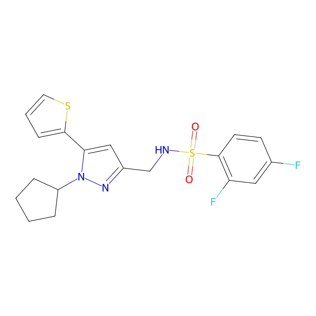 N-((1-cyclopentyl-5-(thiophen-2-yl)-1H-pyrazol-3-yl)methyl)-2,4-difluorobenzenesulfonamide molecular structure, CAS 1421475-50-4