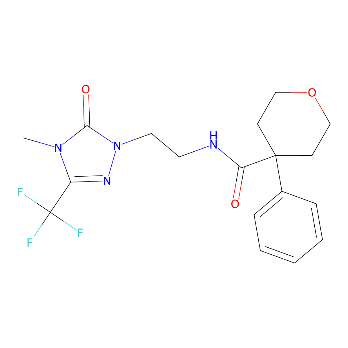 N-{2-[4-methyl-5-oxo-3-(trifluoromethyl)-4,5-dihydro-1H-1,2,4-triazol-1-yl]ethyl}-4-phenyloxane-4-carboxamide molecular structure, CAS 1421475-54-8