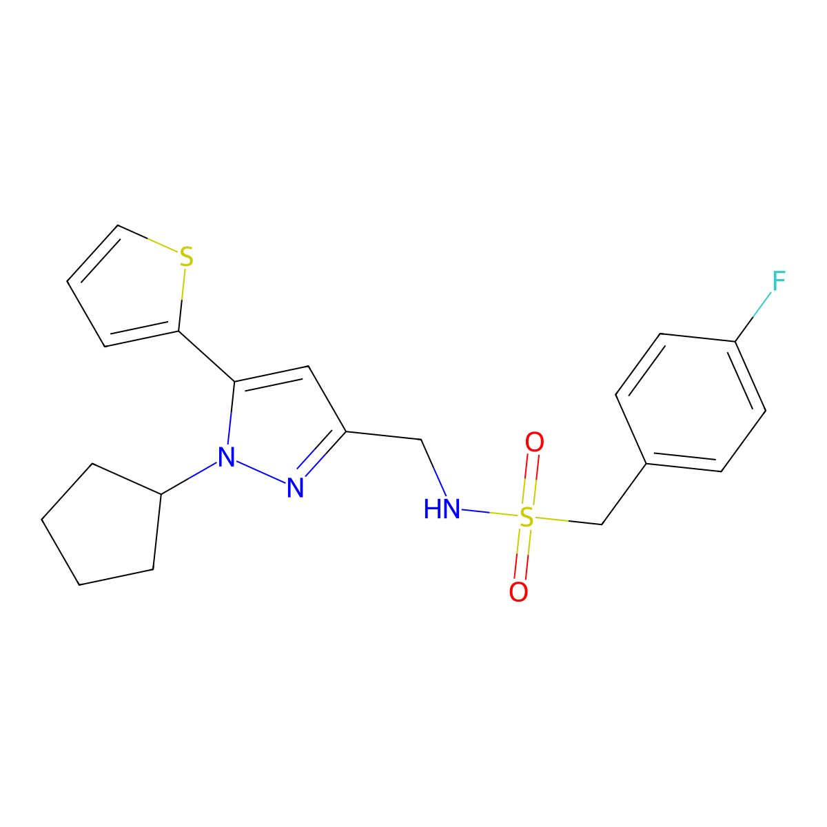 N-{[1-cyclopentyl-5-(thiophen-2-yl)-1H-pyrazol-3-yl]methyl}-1-(4-fluorophenyl)methanesulfonamide molecular structure, CAS 1421475-60-6