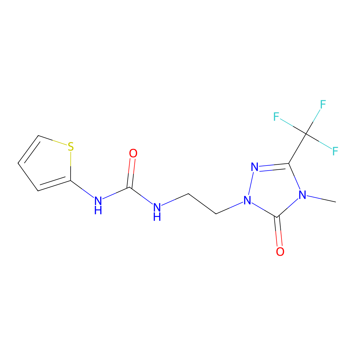 1-(2-(4-methyl-5-oxo-3-(trifluoromethyl)-4,5-dihydro-1H-1,2,4-triazol-1-yl)ethyl)-3-(thiophen-2-yl)urea molecular structure, CAS 1421475-64-0