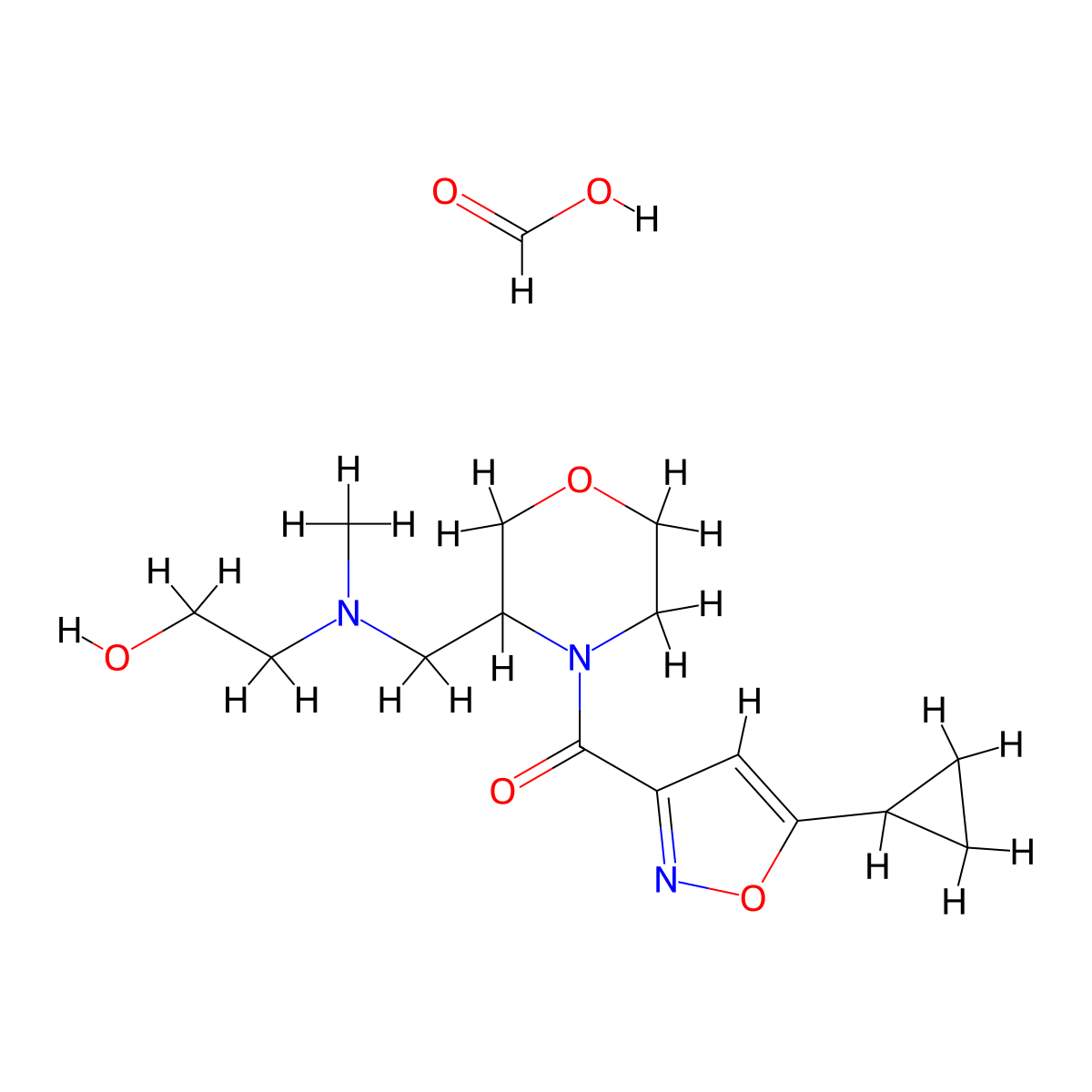 (5-Cyclopropylisoxazol-3-yl)(3-(((2-hydroxyethyl)(methyl)amino)methyl)morpholino)methanone formate molecular structure, CAS 1421475-66-2