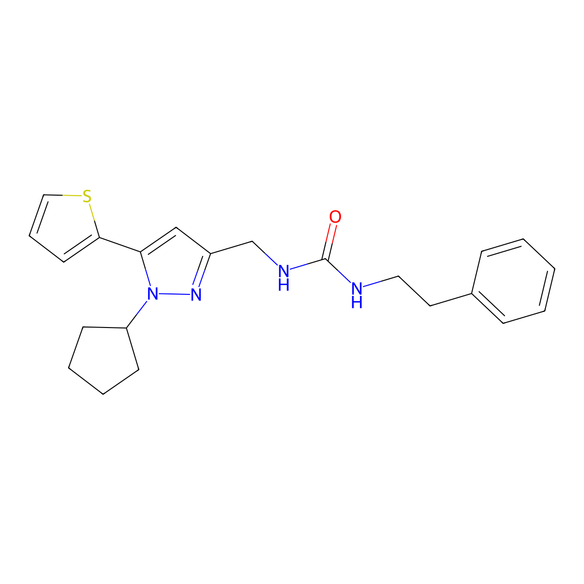1-((1-cyclopentyl-5-(thiophen-2-yl)-1H-pyrazol-3-yl)methyl)-3-phenethylurea molecular structure, CAS 1421475-71-9