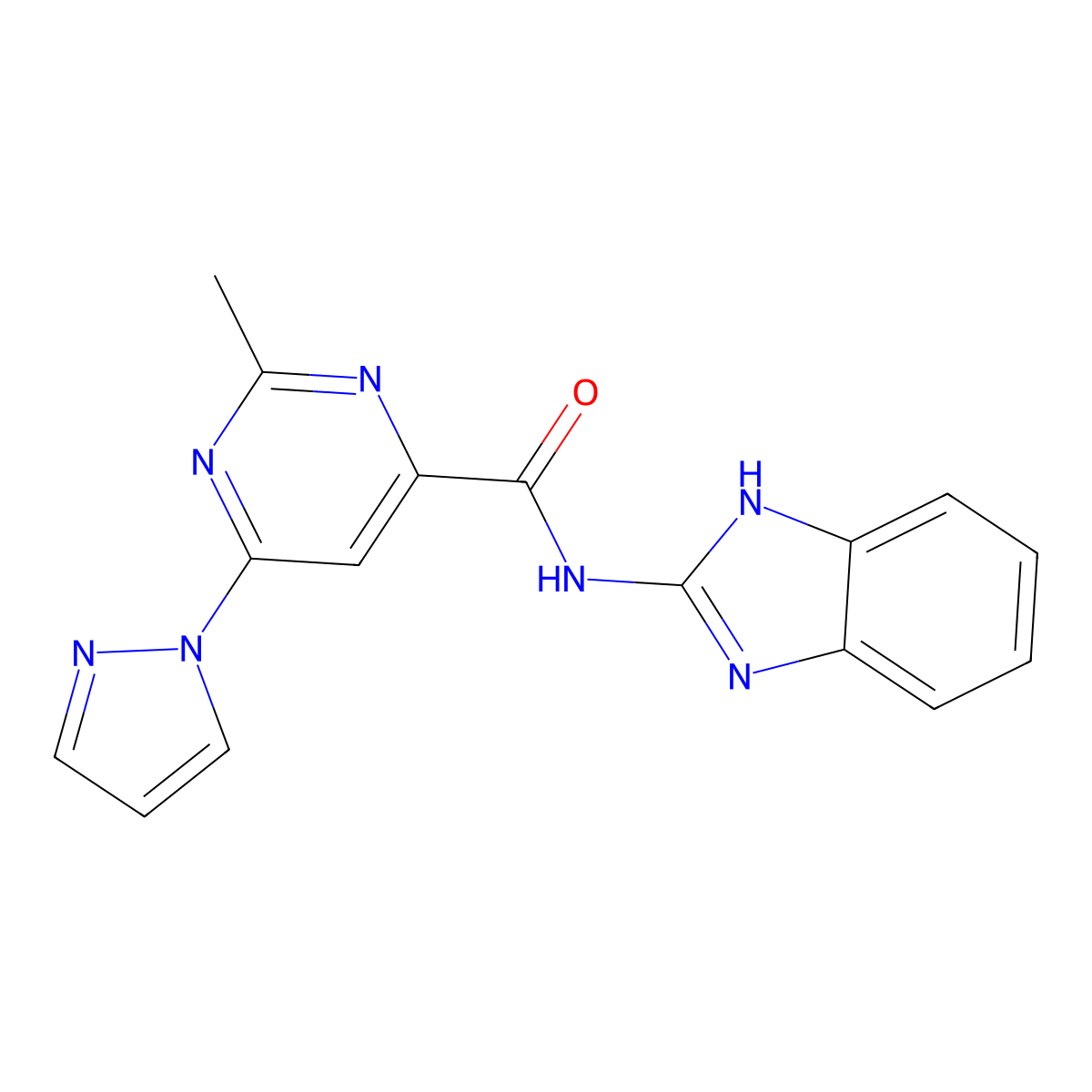 N-(1H-benzo[d]imidazol-2-yl)-2-methyl-6-(1H-pyrazol-1-yl)pyrimidine-4-carboxamide molecular structure, CAS 1421475-74-2