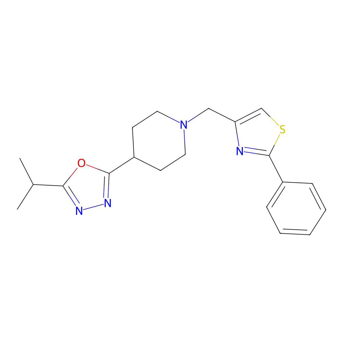 2-Isopropyl-5-(1-((2-phenylthiazol-4-yl)methyl)piperidin-4-yl)-1,3,4-oxadiazole molecular structure, CAS 1421475-76-4