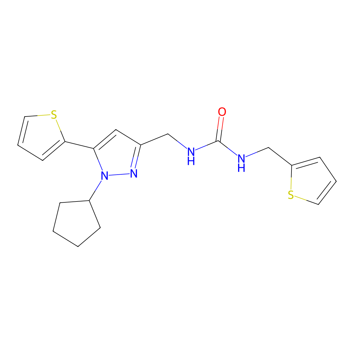 1-((1-cyclopentyl-5-(thiophen-2-yl)-1H-pyrazol-3-yl)methyl)-3-(thiophen-2-ylmethyl)urea molecular structure, CAS 1421475-81-1