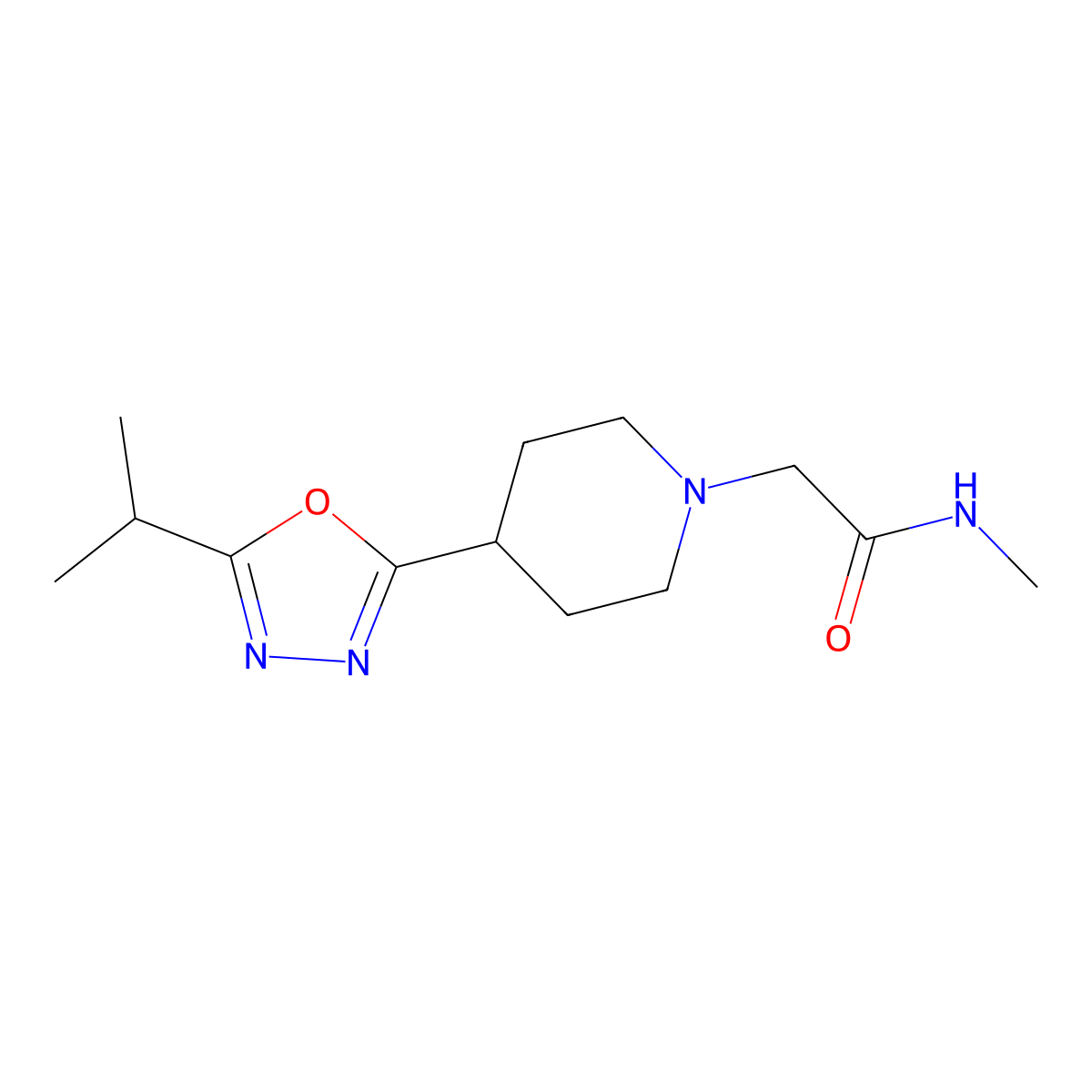 2-(4-(5-isopropyl-1,3,4-oxadiazol-2-yl)piperidin-1-yl)-N-methylacetamide molecular structure, CAS 1421475-83-3