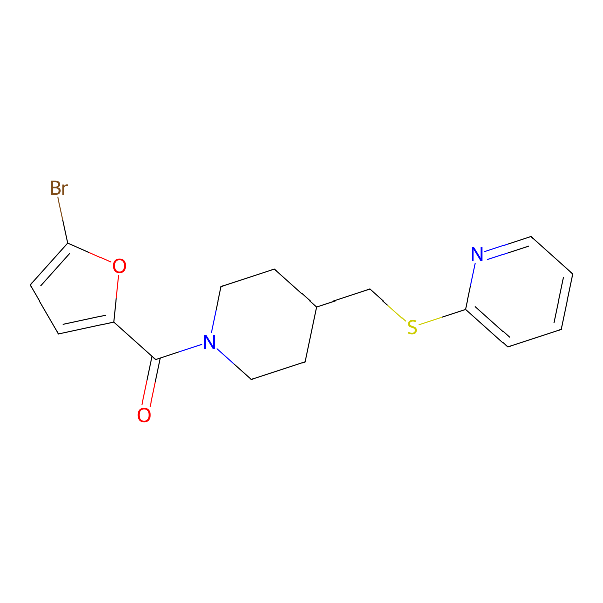 (5-Bromofuran-2-yl)(4-((pyridin-2-ylthio)methyl)piperidin-1-yl)methanone molecular structure, CAS 1421475-95-7