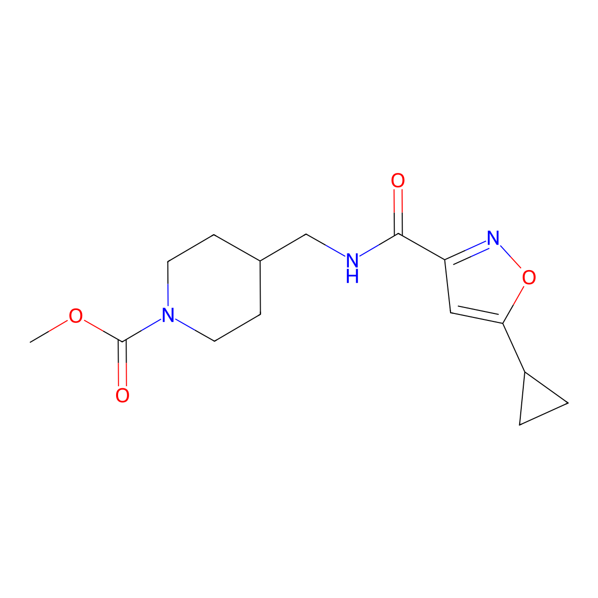 Methyl 4-((5-cyclopropylisoxazole-3-carboxamido)methyl)piperidine-1-carboxylate molecular structure, CAS 1421475-96-8