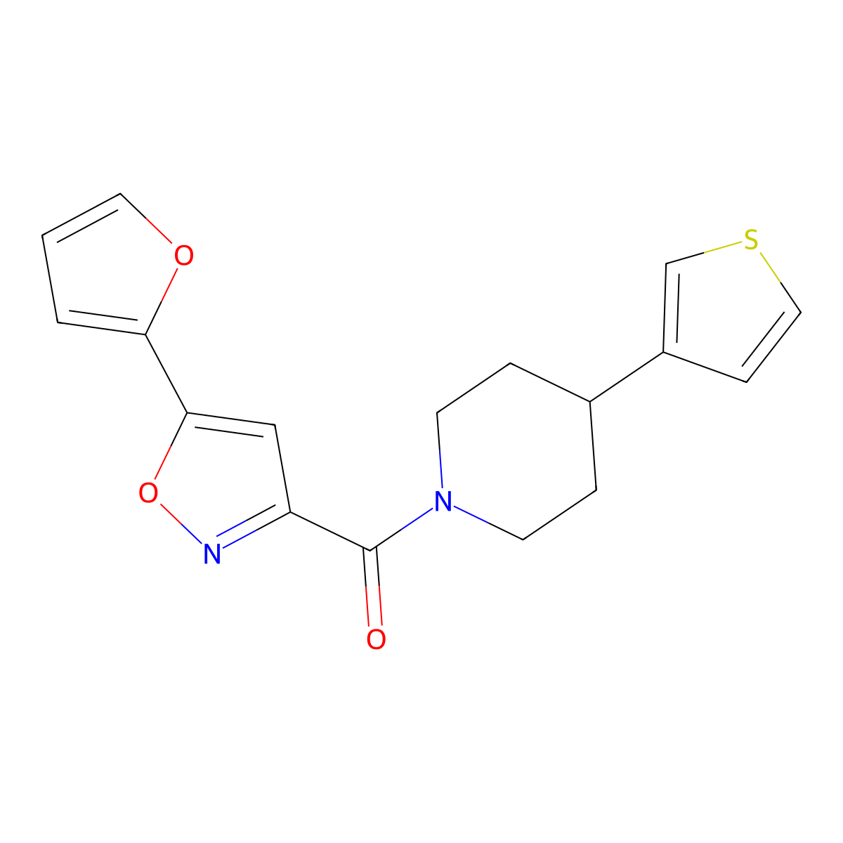 (5-(Furan-2-yl)isoxazol-3-yl)(4-(thiophen-3-yl)piperidin-1-yl)methanone molecular structure, CAS 1421475-99-1