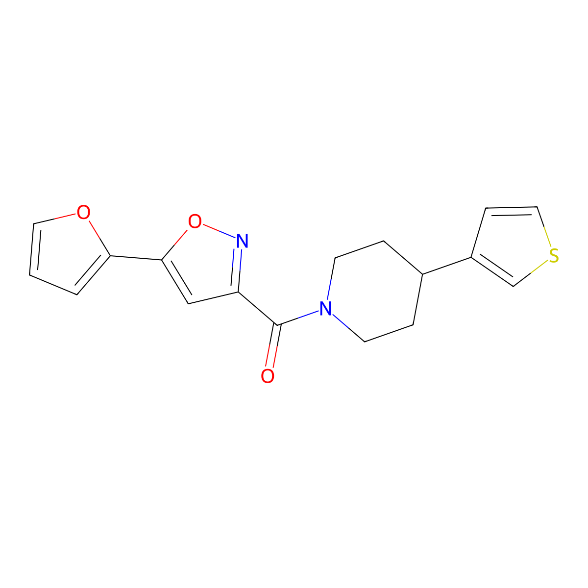 (5-(Furan-2-yl)isoxazol-3-yl)(4-(thiophen-3-yl)piperidin-1-yl)methanone molecular structure, CAS 1421475-99-1