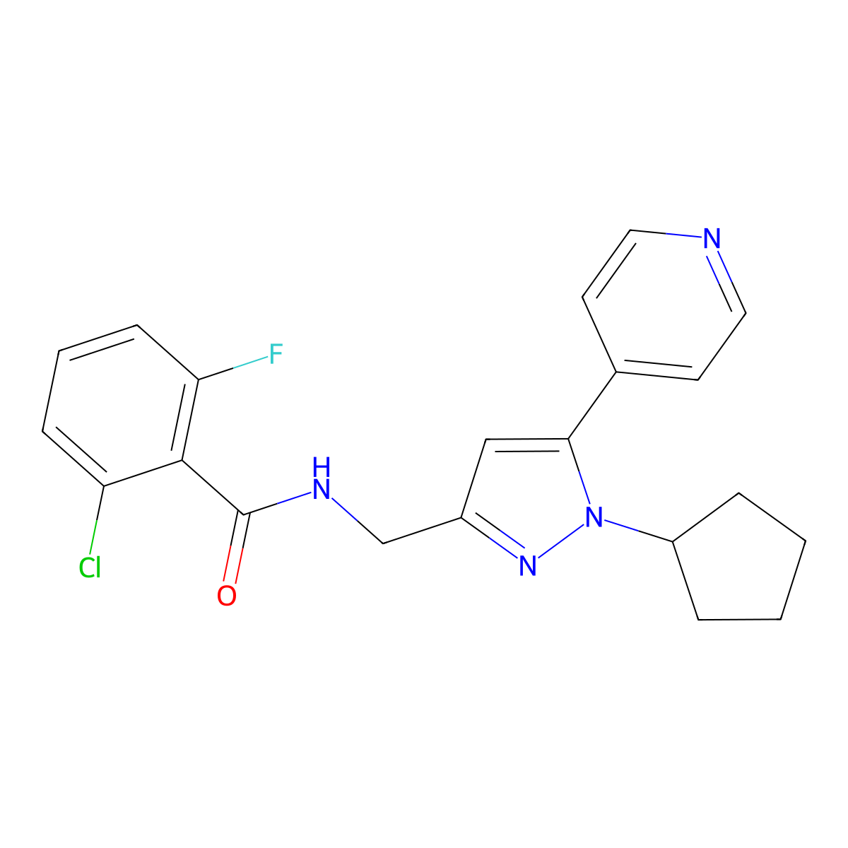 2-chloro-N-((1-cyclopentyl-5-(pyridin-4-yl)-1H-pyrazol-3-yl)methyl)-6-fluorobenzamide molecular structure, CAS 1421476-04-1