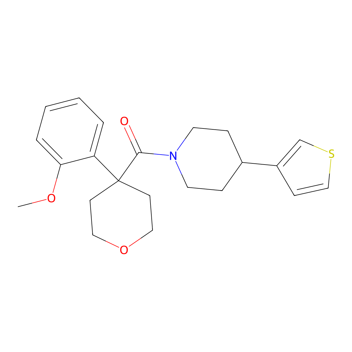(4-(2-methoxyphenyl)tetrahydro-2H-pyran-4-yl)(4-(thiophen-3-yl)piperidin-1-yl)methanone molecular structure, CAS 1421476-07-4