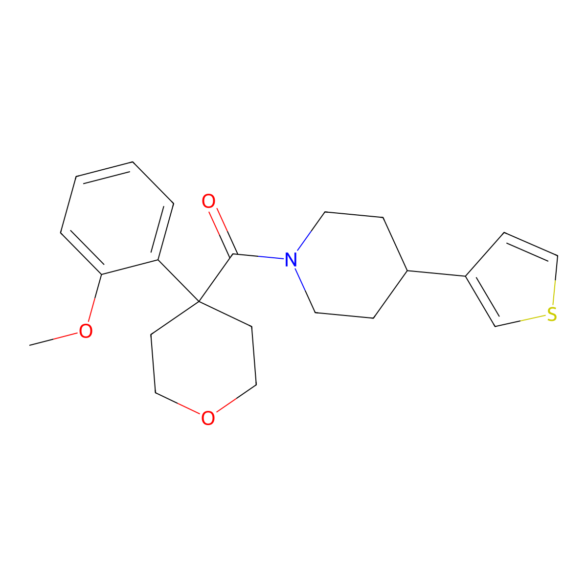 (4-(2-methoxyphenyl)tetrahydro-2H-pyran-4-yl)(4-(thiophen-3-yl)piperidin-1-yl)methanone molecular structure, CAS 1421476-07-4