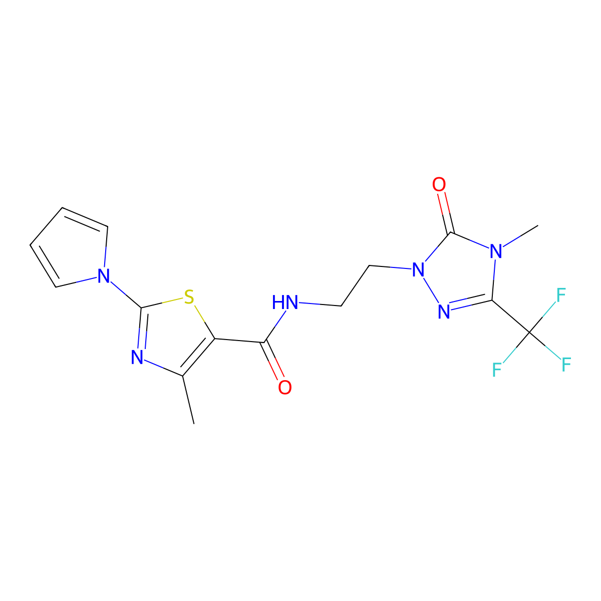 4-methyl-N-(2-(4-methyl-5-oxo-3-(trifluoromethyl)-4,5-dihydro-1H-1,2,4-triazol-1-yl)ethyl)-2-(1H-pyrrol-1-yl)thiazole-5-carboxamide molecular structure, CAS 1421476-08-5