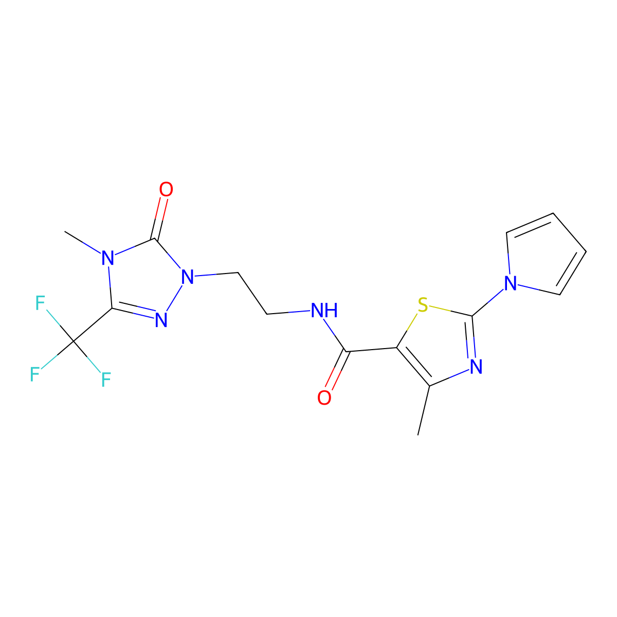 4-methyl-N-(2-(4-methyl-5-oxo-3-(trifluoromethyl)-4,5-dihydro-1H-1,2,4-triazol-1-yl)ethyl)-2-(1H-pyrrol-1-yl)thiazole-5-carboxamide molecular structure, CAS 1421476-08-5