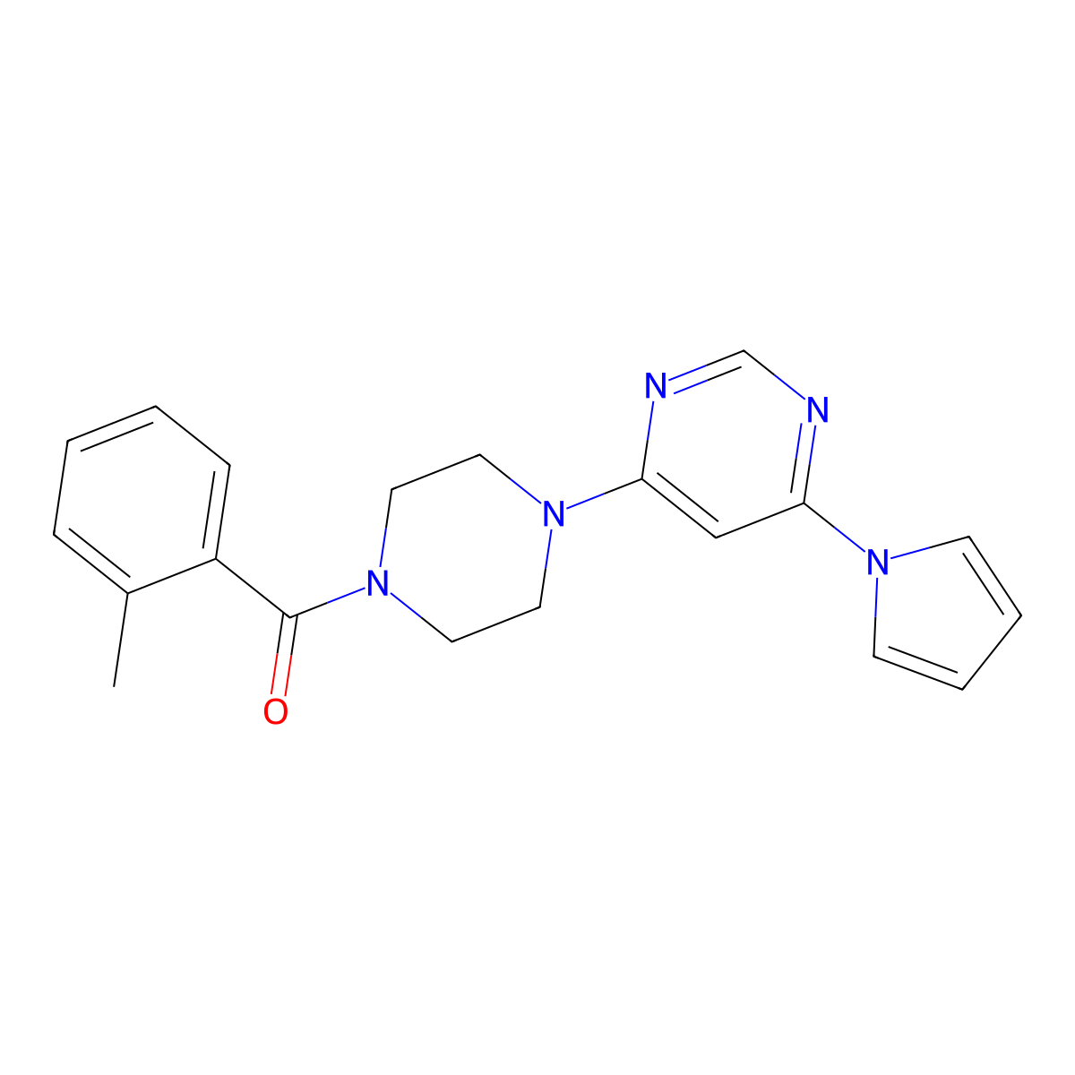 (4-(6-(1H-pyrrol-1-yl)pyrimidin-4-yl)piperazin-1-yl)(o-tolyl)methanone molecular structure, CAS 1421476-11-0
