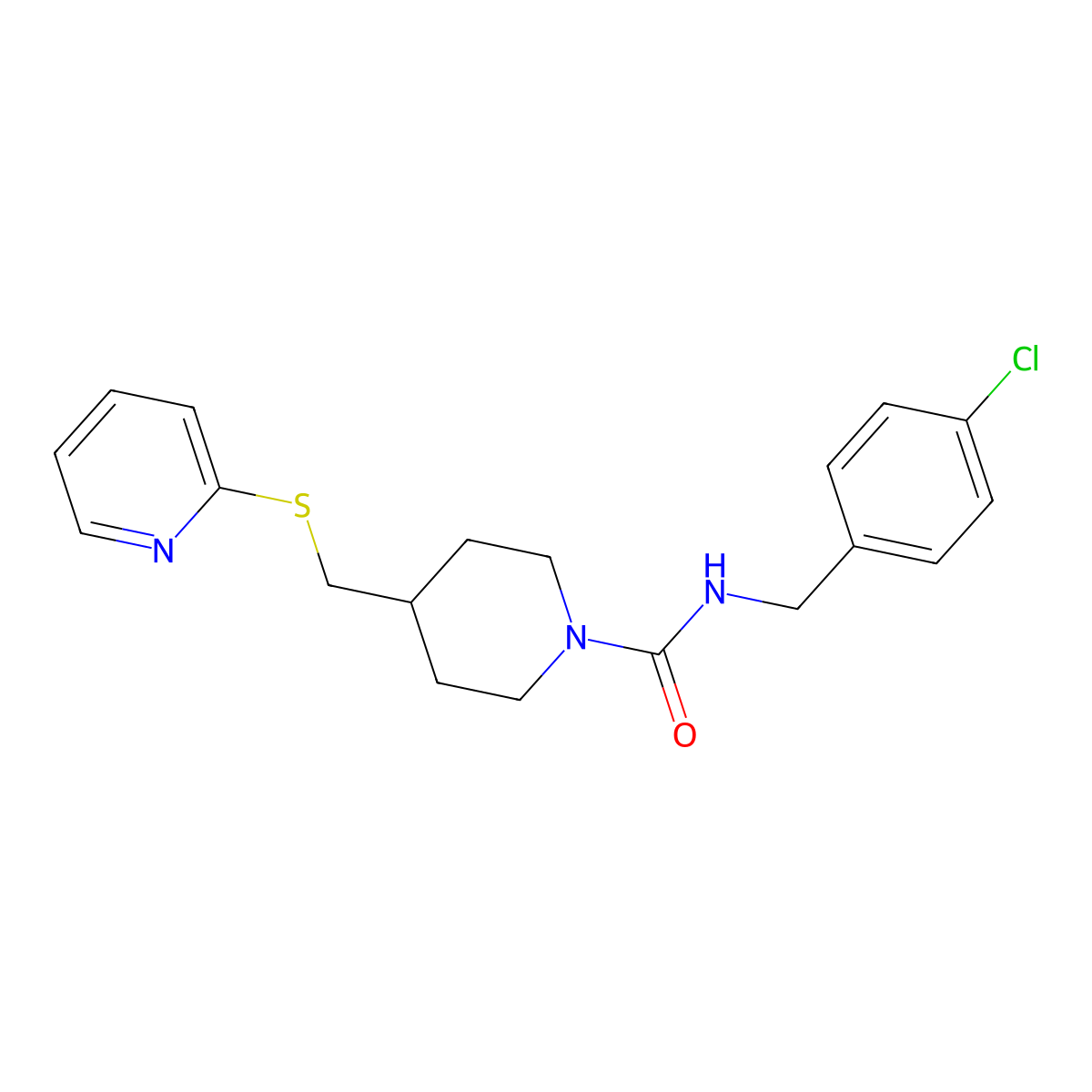 N-(4-chlorobenzyl)-4-((pyridin-2-ylthio)methyl)piperidine-1-carboxamide molecular structure, CAS 1421476-12-1