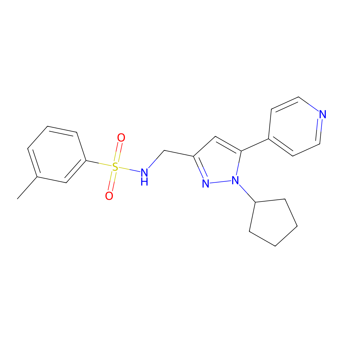 N-((1-cyclopentyl-5-(pyridin-4-yl)-1H-pyrazol-3-yl)methyl)-3-methylbenzenesulfonamide molecular structure, CAS 1421476-13-2