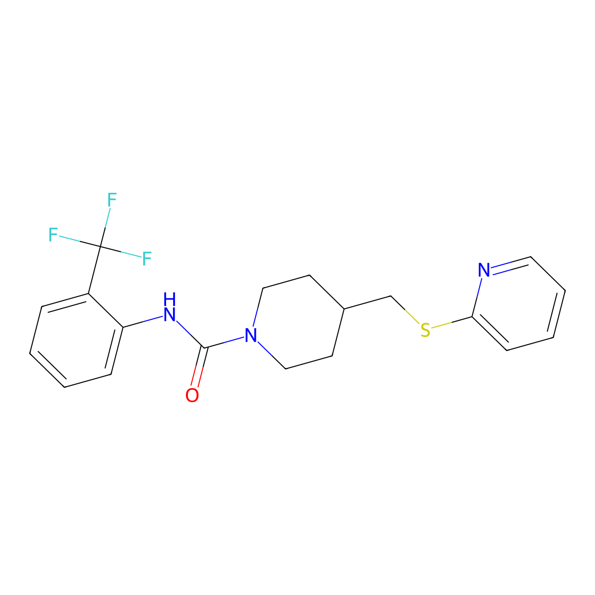 4-((pyridin-2-ylthio)methyl)-N-(2-(trifluoromethyl)phenyl)piperidine-1-carboxamide molecular structure, CAS 1421476-21-2