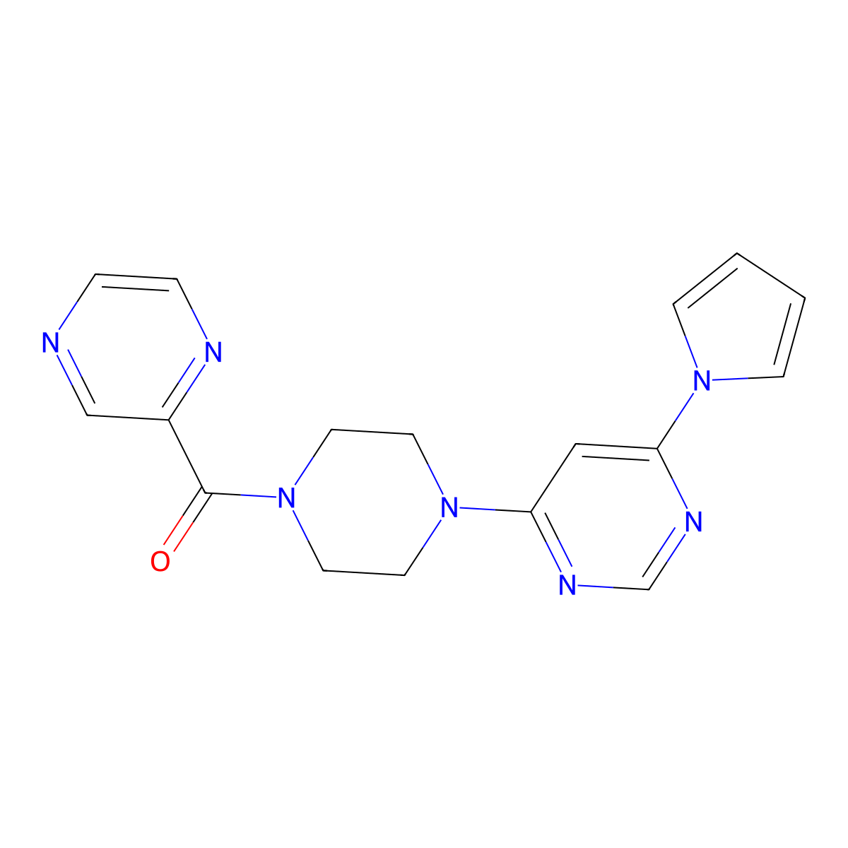 (4-(6-(1H-pyrrol-1-yl)pyrimidin-4-yl)piperazin-1-yl)(pyrazin-2-yl)methanone molecular structure, CAS 1421476-22-3