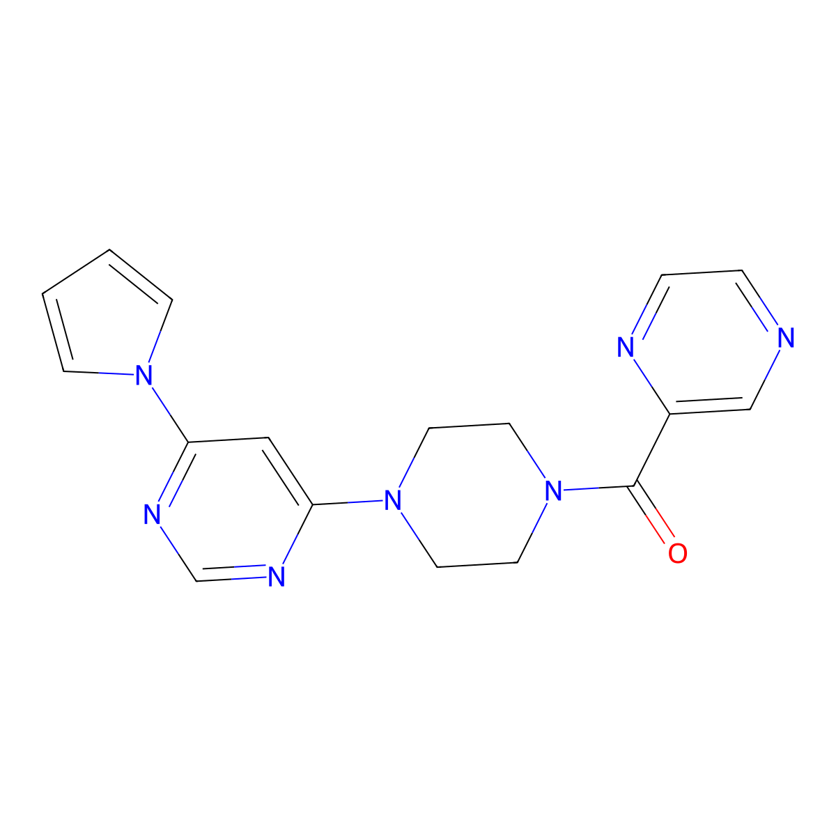 (4-(6-(1H-pyrrol-1-yl)pyrimidin-4-yl)piperazin-1-yl)(pyrazin-2-yl)methanone molecular structure, CAS 1421476-22-3